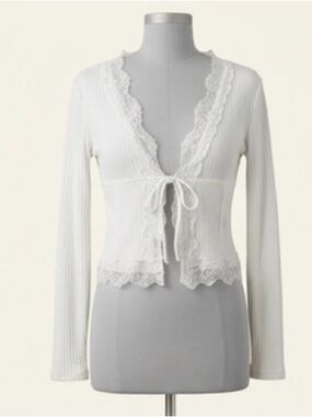 Forever 21 White Ribbed Lace Tie Front Cardigan Top Size Large